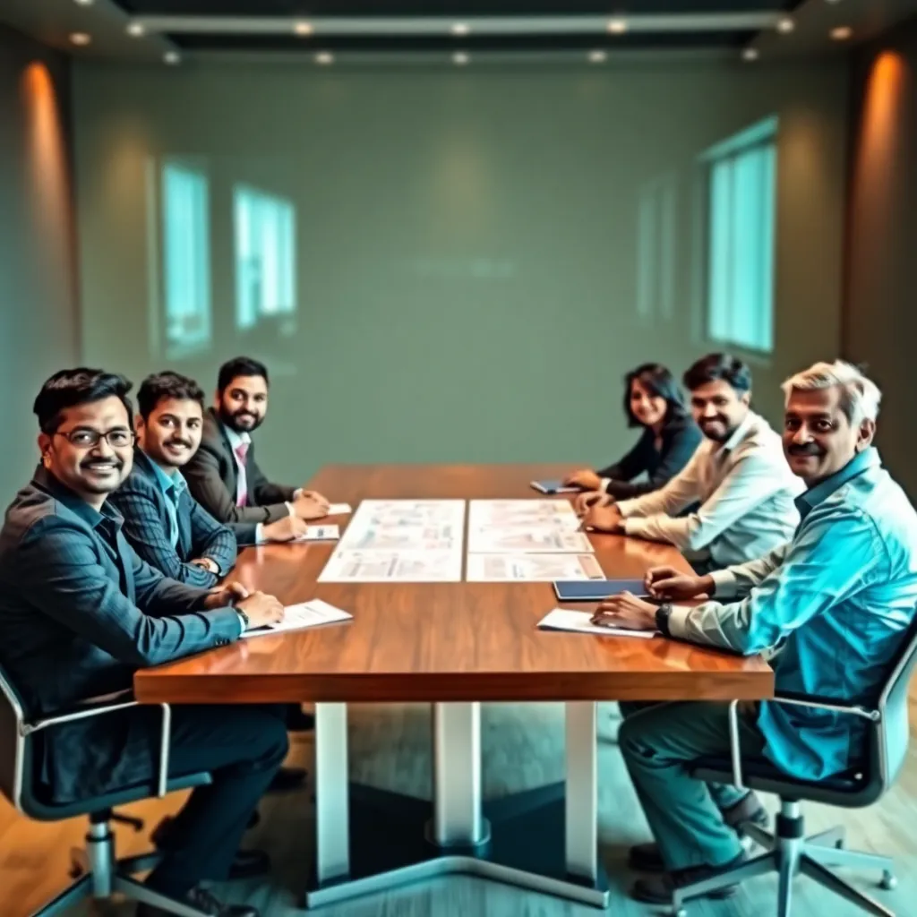 A diverse executive team sitting around a large boardroom table, actively collaborating on a strategic plan.