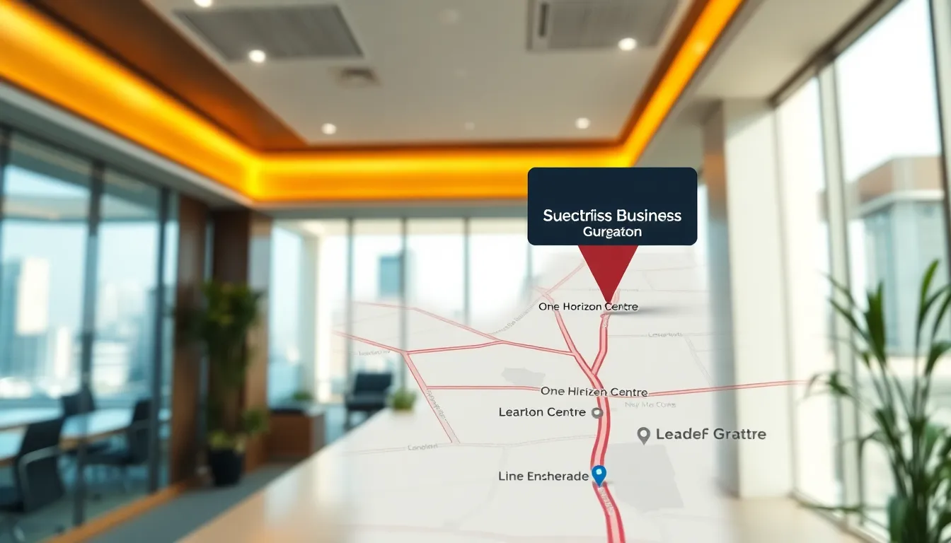 A map showing the location of One Horizon Centre in Gurgaon, with a pin indicating the LeaderEdge office.