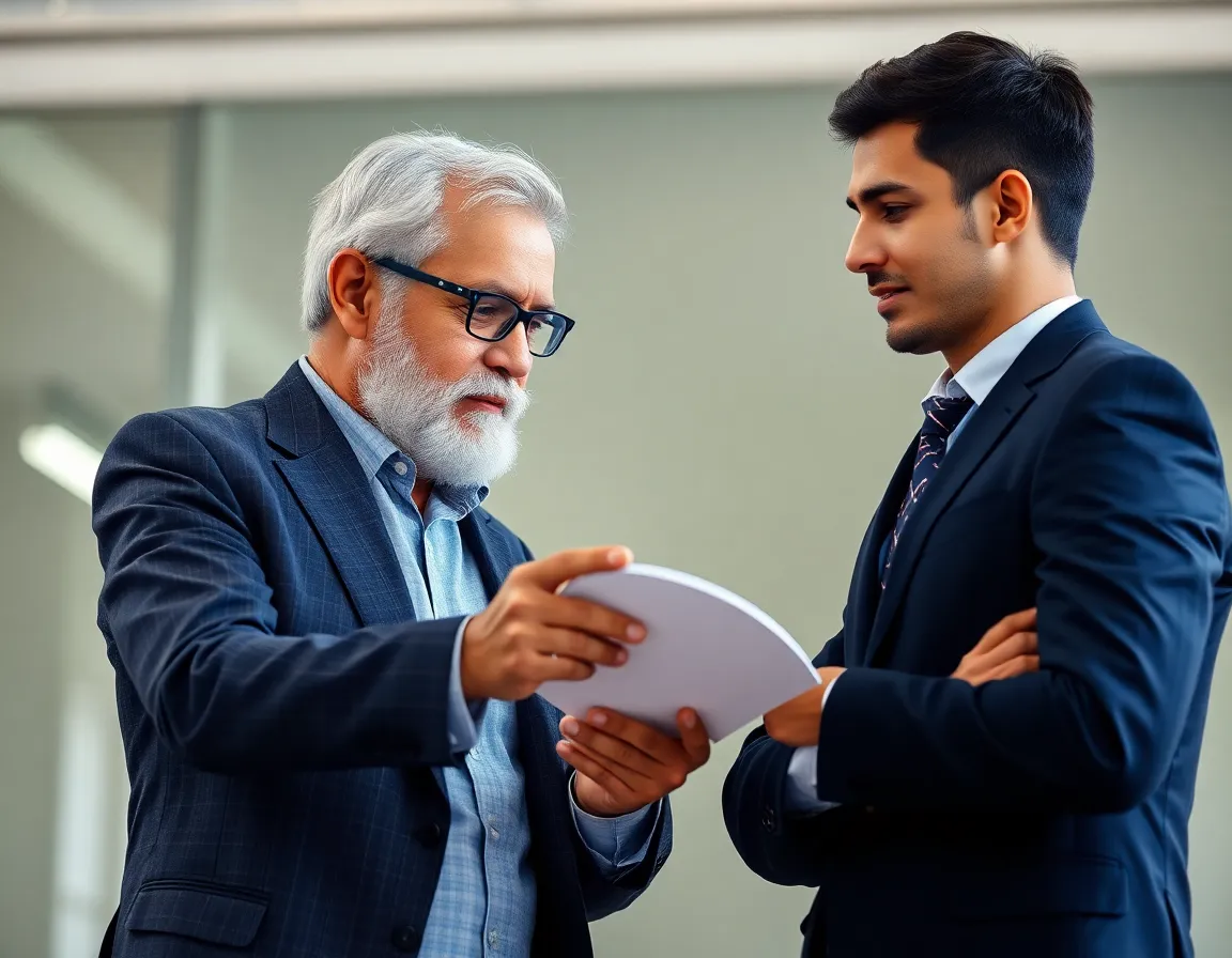 A senior mentor guiding a younger, high-potential employee, symbolizing succession planning.