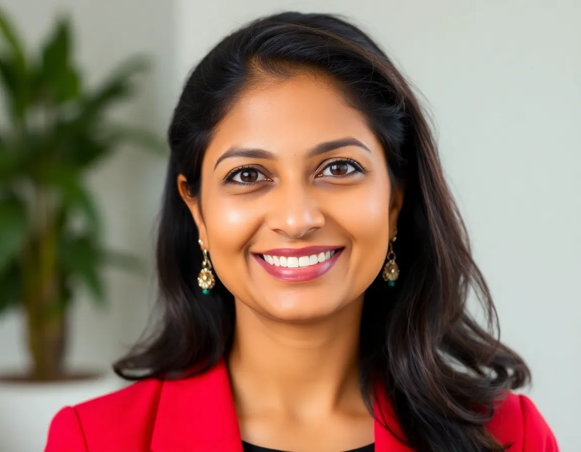 Professional headshot of Dr. Priya Sharma, an Indian woman in her late 30s, with a sharp, academic look.