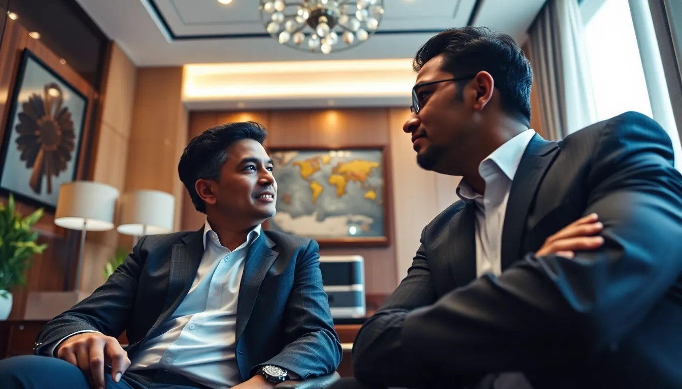 Two senior executives, one male one female, engaged in a deep, one-on-one conversation in a luxurious, private office.